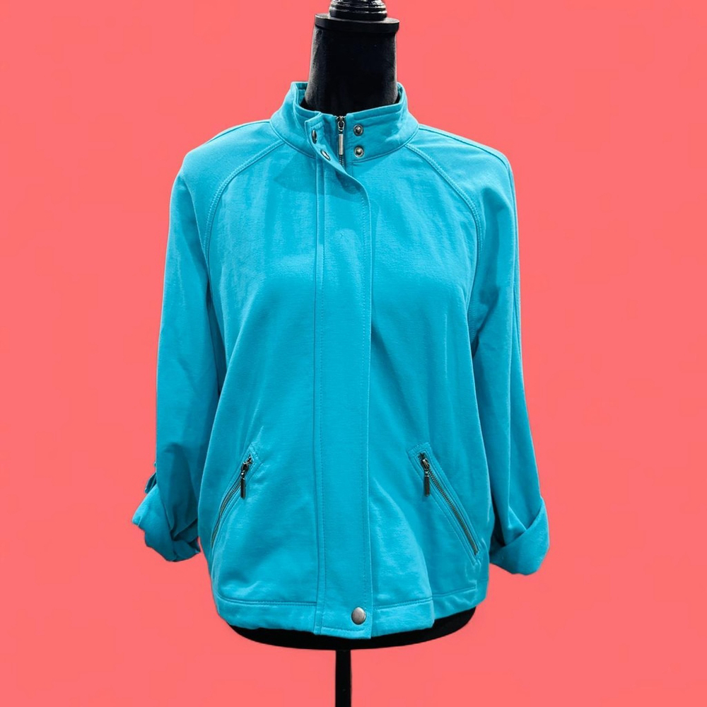 Aqua Teal Blue Mock Neck Zip-Up Jacket Shacket Ruby Rd. PL